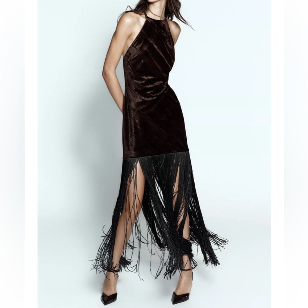 Zara Dark Brown Velvet Fringe Halter Dress